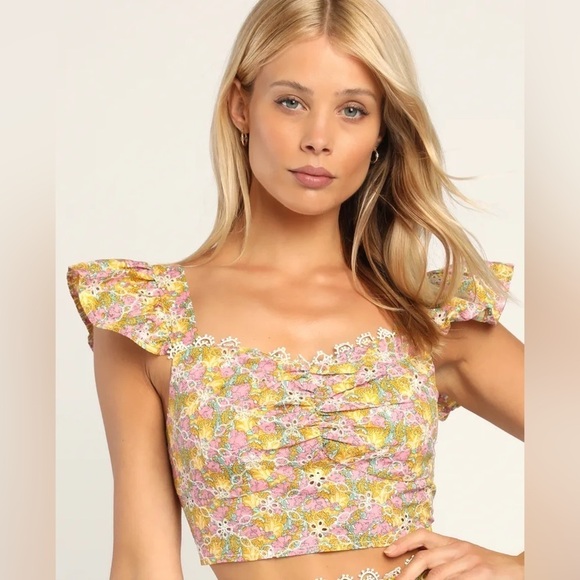Lulus Tops - Lulu's Sweeter the Ever Yellow and Pink Flutter Sleeve Crop Top (Small)